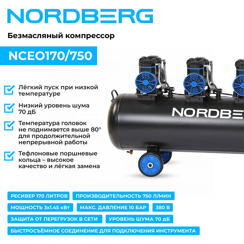Компрессор безмасляный 380 В, ресивер 170 л, 750 л/мин — детальное фото оборудования для СТО на remkola.by