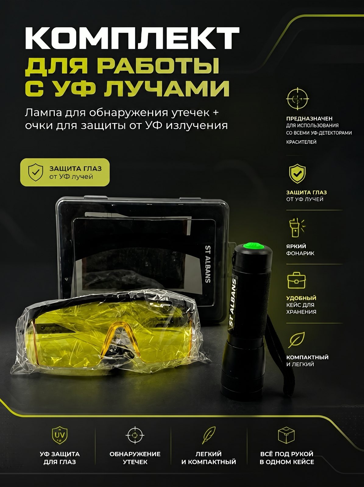 Набор для поиска утечек хладагента, фреона (фонарик и очки) ST-K003 — детальное фото оборудования для СТО на remkola.by