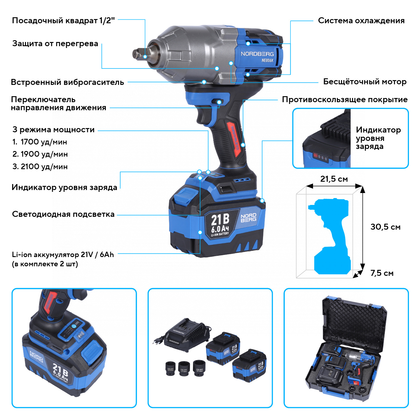 Гайковерт аккумуляторный, 1/2", 21 В, 1500 Нм, 2 аккумулятора 6 A и зарядное устройство, в кейсе — детальное фото оборудования для СТО на remkola.by