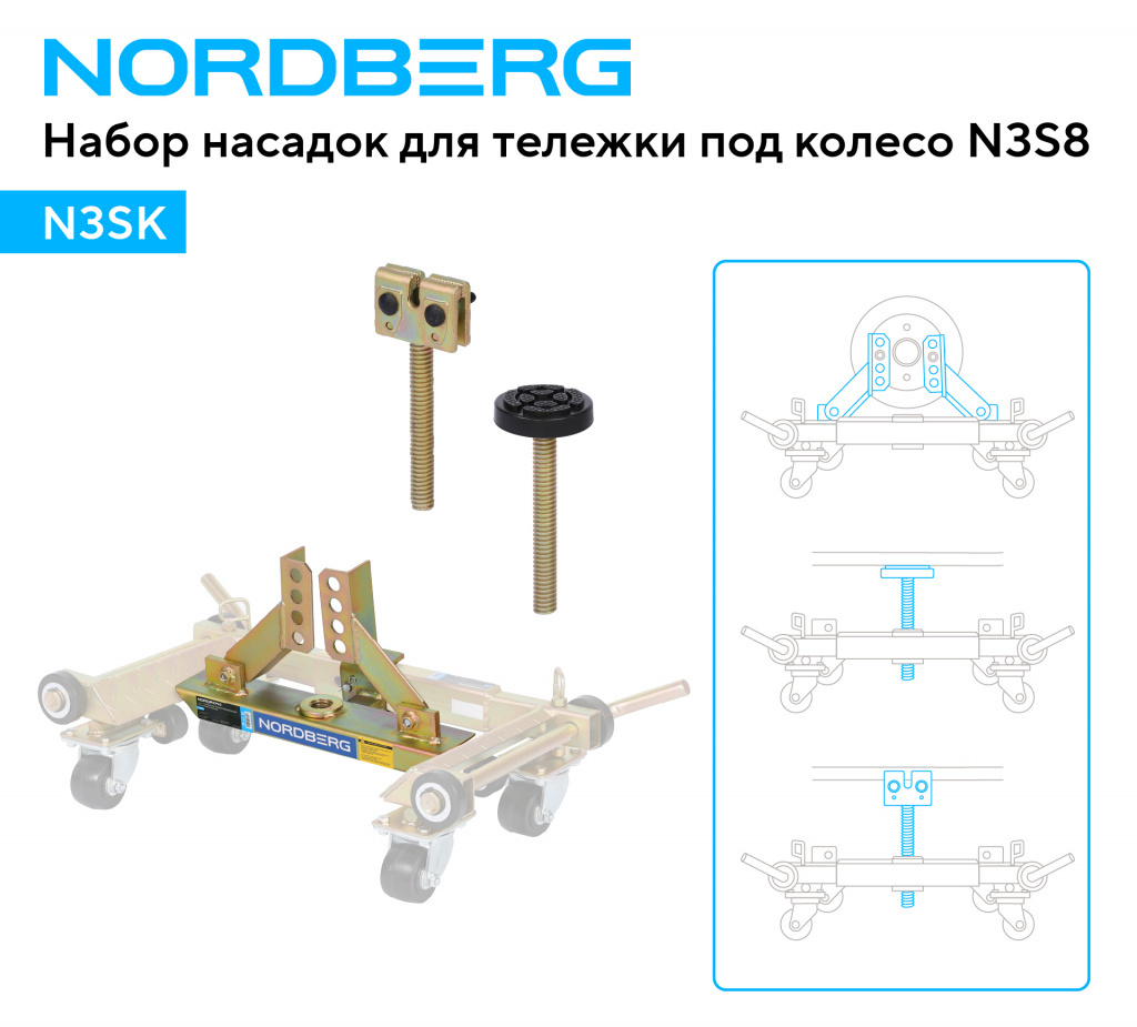 Комплект для перемещения авто (тележка под колесо N3S8 2шт + 2 комплекта адаптеров N3SK) NORDBERG NORDBERG N3S8+N3SK — детальное фото оборудования для СТО на remkola.by
