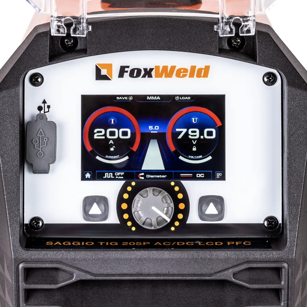 Аппарат аргонодуговой сварки Foxweld SAGGIO TIG 205P AC/DC LCD PFC — детальное фото оборудования для СТО на remkola.by