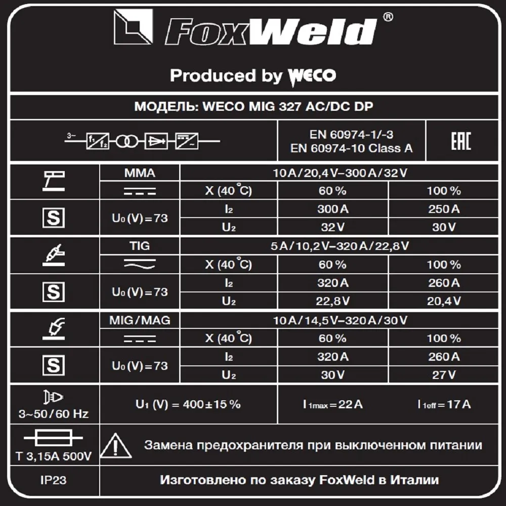 Сварочный полуавтомат FOXWELD WECO MIG 327 AC/DC DP — детальное фото оборудования для СТО на remkola.by