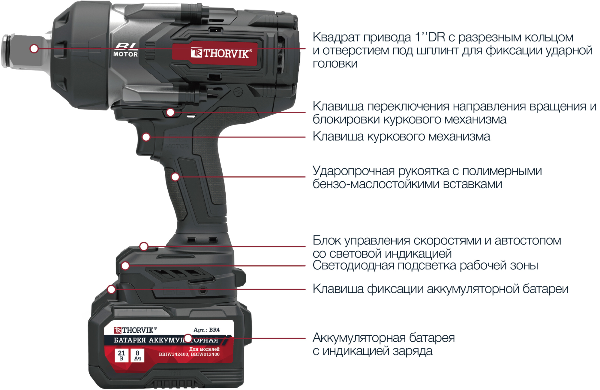 Гайковерт ударный аккумуляторный бесщеточный Thorvik BBIW012400DNB (1'DR 21 В 2400 Нм без АКБ и З/У) — детальное фото оборудования для СТО на remkola.by